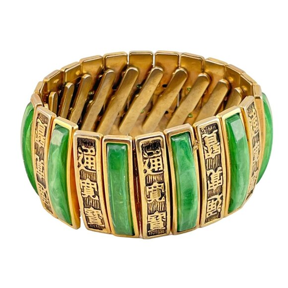 Expansion Cuff Green Marbled Bracelet, Good Luck Symbols, Lucite, Vintage, Mid C - Picture 5 of 6